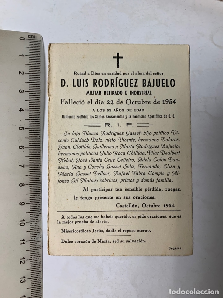 Cartes Postales: ESQUELA. D. LUIS RODR&Iacute;GUEZ BAJUELO. MILITAR RETIRADO E INDUSTRIAL. + CASTELL&Oacute;N, 22 OCTUBRE 1954.