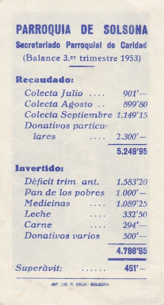 Postales: Parroquia de Solsona - Secretariado Parroquial de Caridad - Balance 3er Trimestre 1953 - 106x57mm