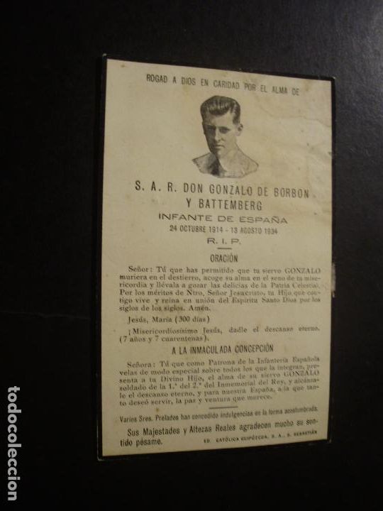 Postais: RECORDATORIO DEFUNCION INFANTE DE ESPA&Ntilde;A DON GONZALO DE BORBON Y BATTEMBERG 1934