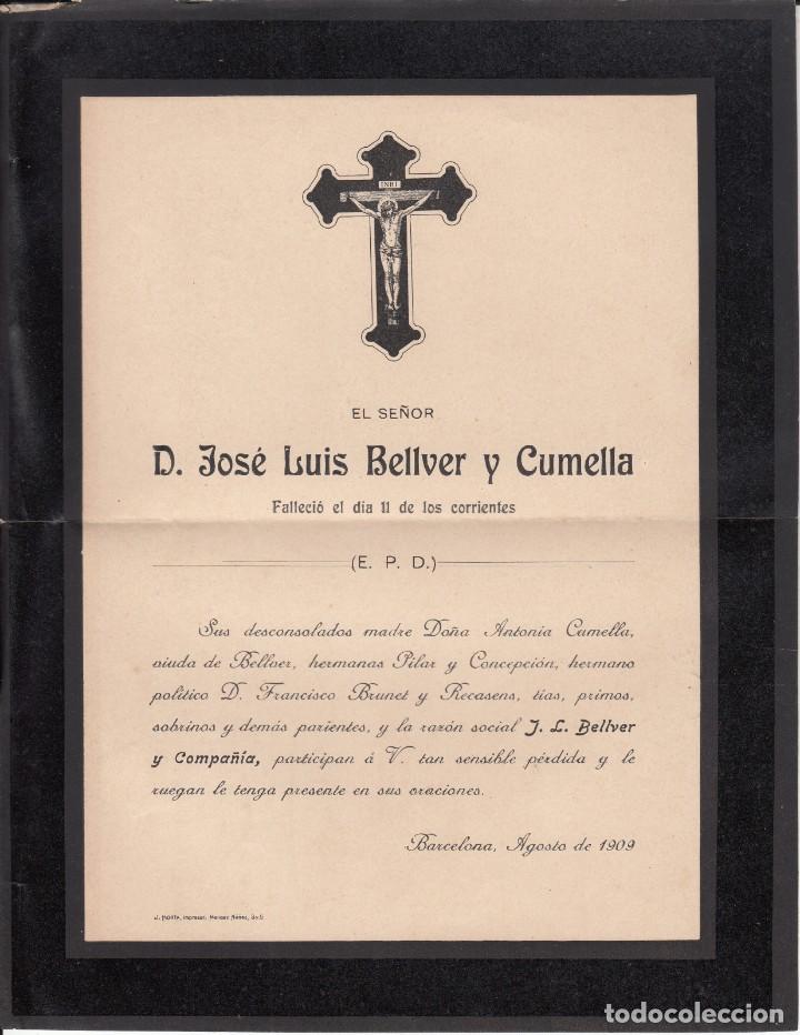 Postales: ESQUELA DEFUNCI&Oacute;N DE JOSE LUIS BELLVER Y CUMELLA DE J.L.BELLVER Y CIA EN BARCELONA-1909