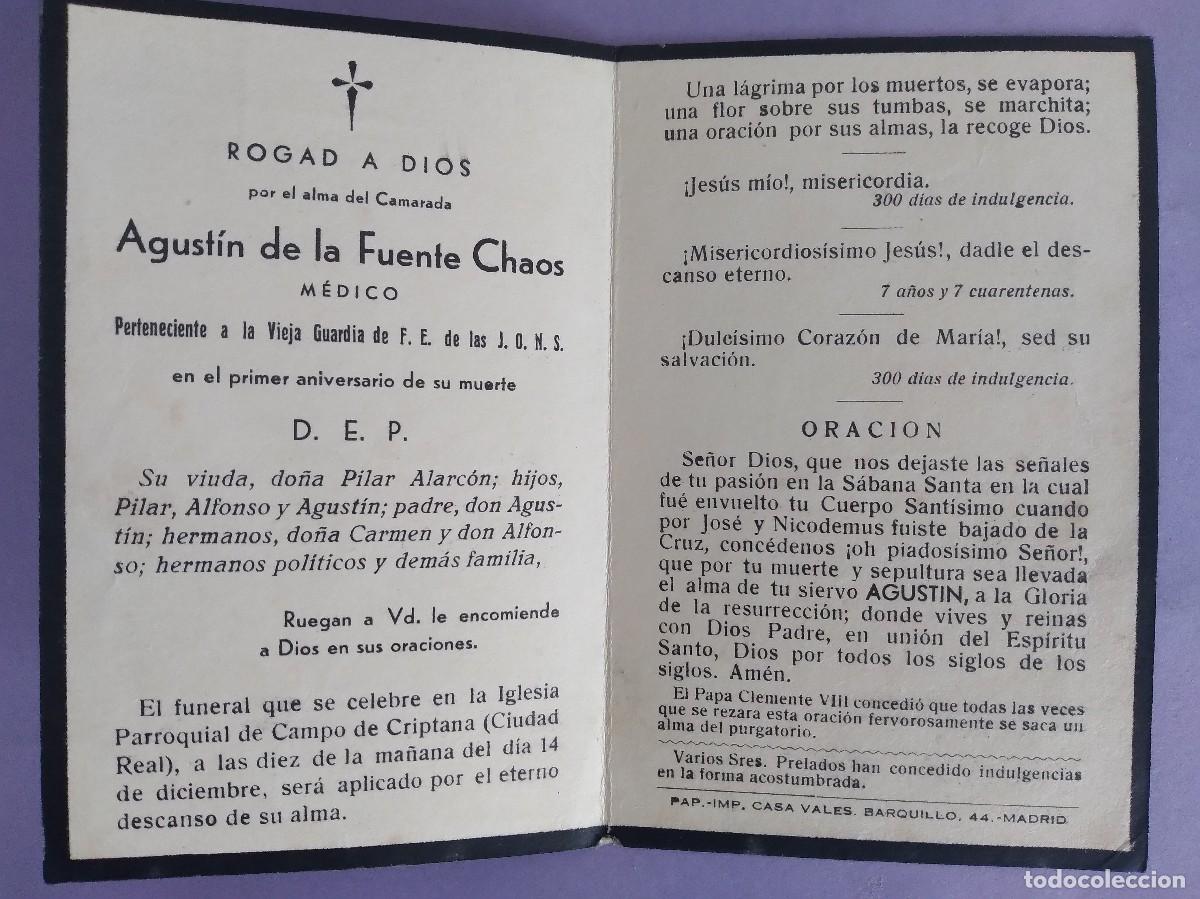 Postais: RECORDATORIO MEDICO PERTENECIENTE VIEJA GUARDIA ESPA&Ntilde;OLA J O N S FALANGE ESPA&Ntilde;OLA CIUDAD REAL.