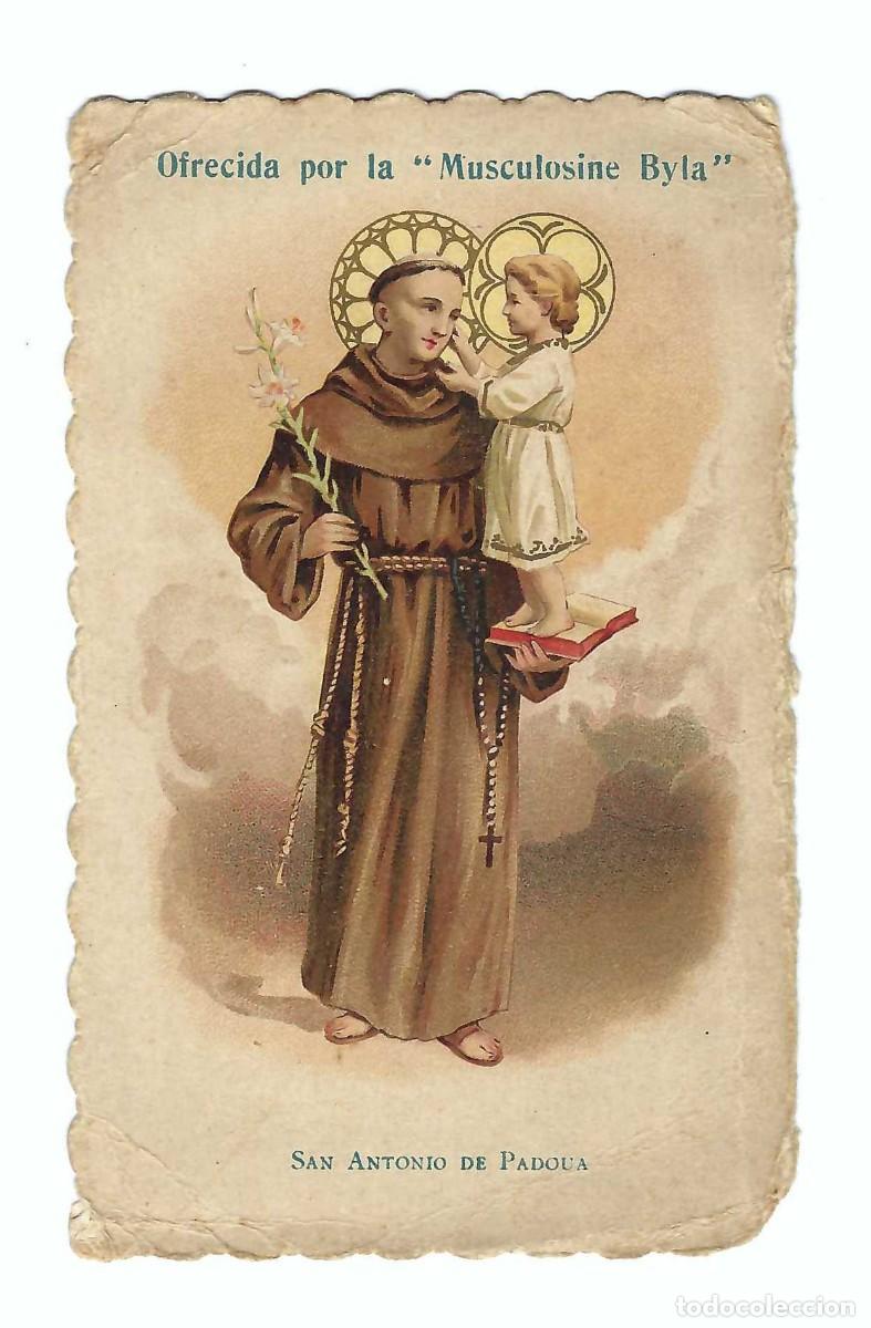 Postales: ESTAMPITA RELIGIOSA- SAN ANTONIO DE PADUA. PUBLICIDAD DE MUSCULOSINE BYLA