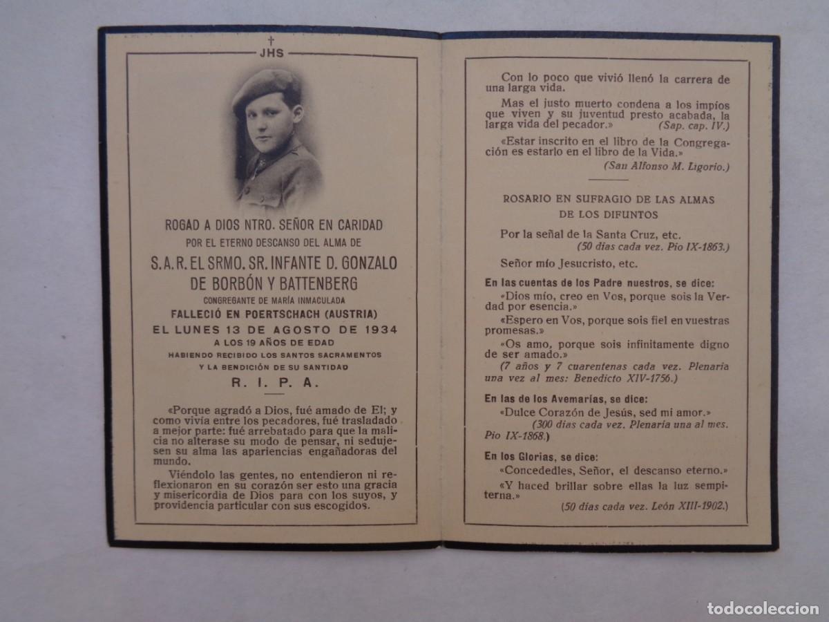 Postales: RECORDATORIO DE S.A.R. DON GONZALO DE BORBON Y BATTEMBERG FALLECIDO EN AUSTRIA EN 1934