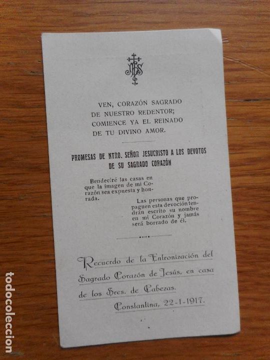 Postales: RECUERDO ENTRINIZACION SAGRADO CORAZON JESUS CASA SE&Ntilde;ORES DE CABEZAS. CONSTANTINA 1917