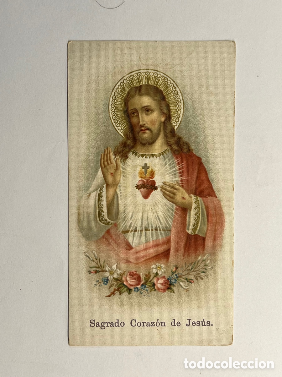 Postales: SAGRADO CORAZON DE JES&Uacute;S. Estampa Religiosa. Reverso promesas de Jesus a sus devotos&hellip;(h.1900?)