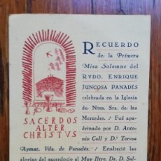Cartoline: 1939. RECORDATORIO DE MISA DE ENRIQUE JUNCOSA PANADÉS. AÑO DE LA VICTORIA. AYMAT. SALVADOR RIAL.