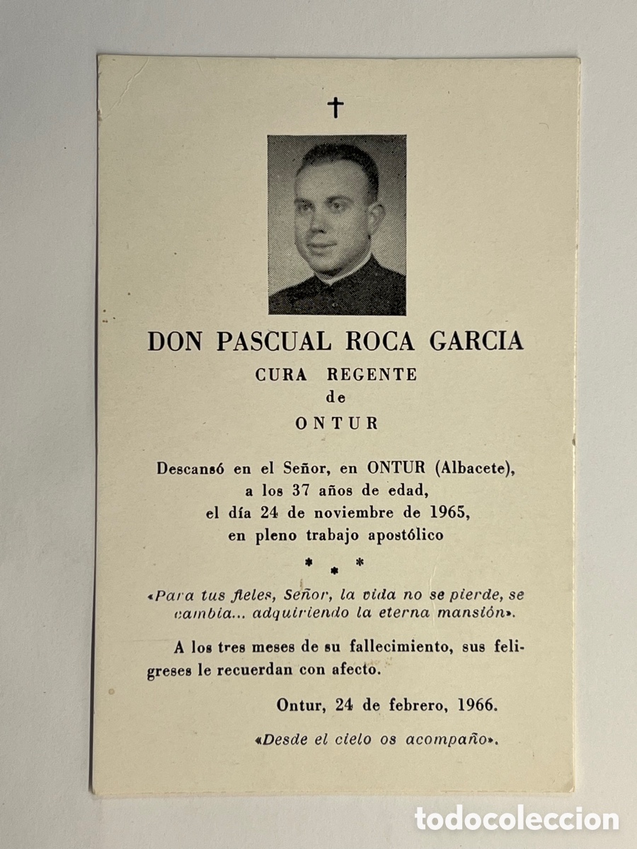 Postcards: ONTUR Albacete. Esquela Obituario Don Pascual Roca.. Cura regente &hellip; (a.1965)