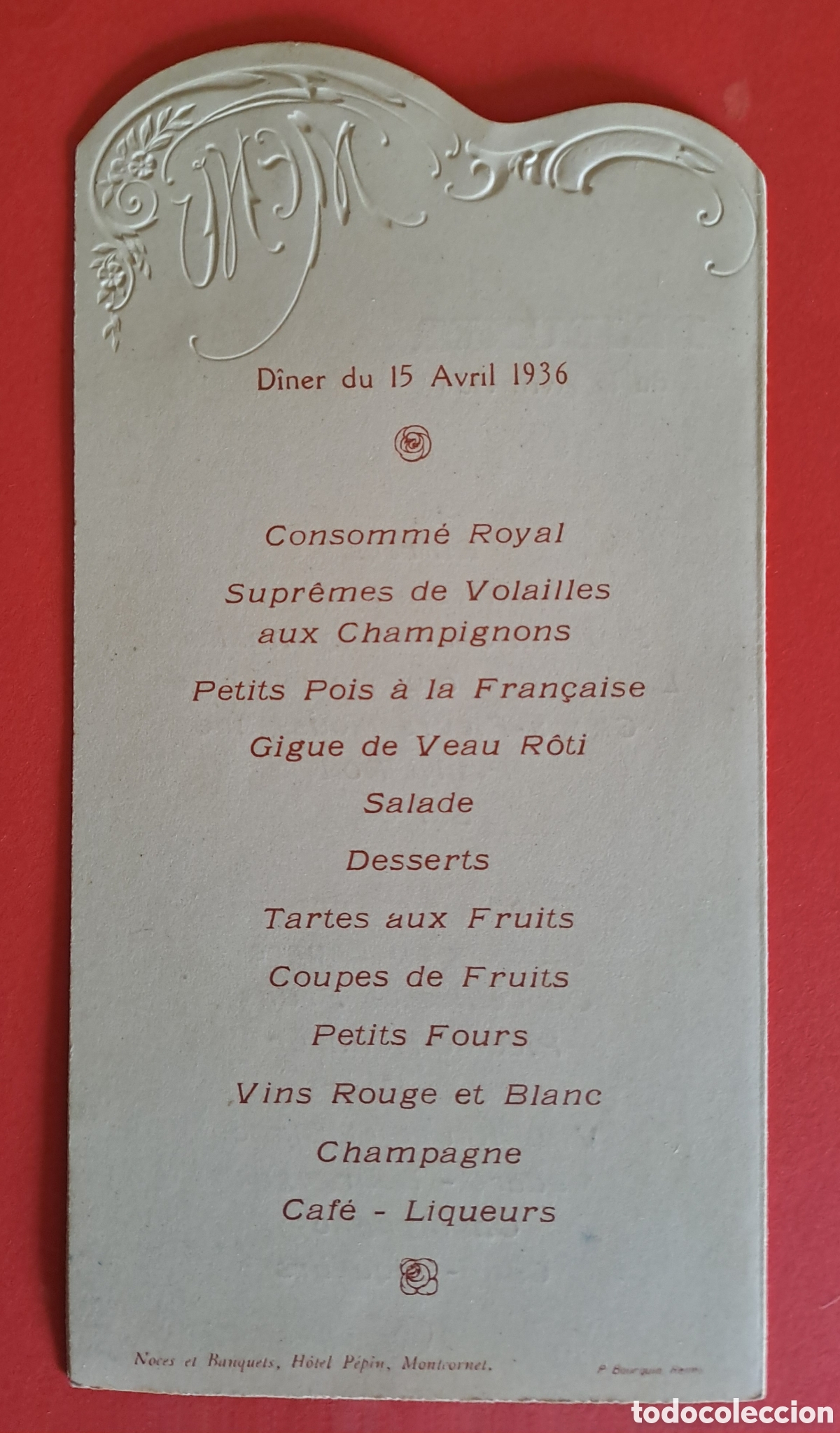 Postales: MENU ANTIGUO FRANCES 1936 - Foto 2