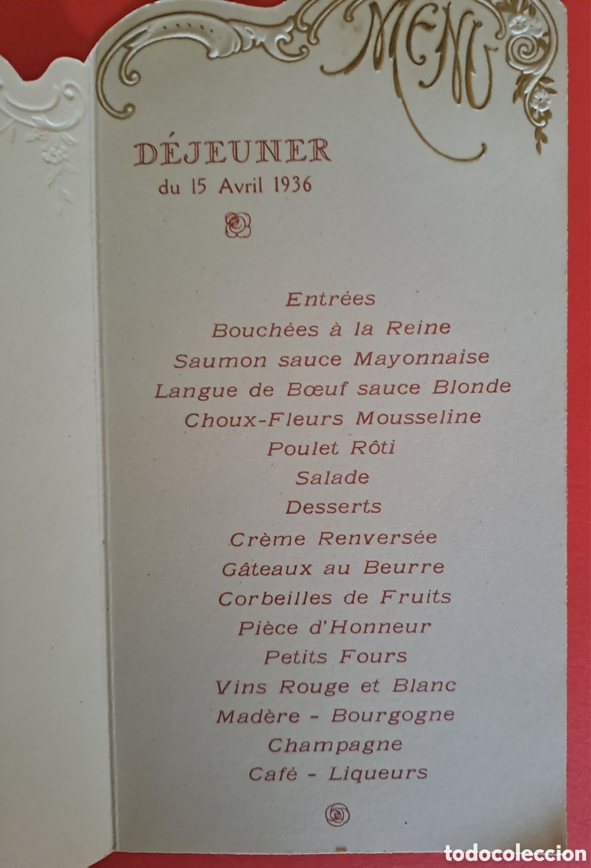 Postales: MENU ANTIGUO FRANCES 1936 - Foto 4