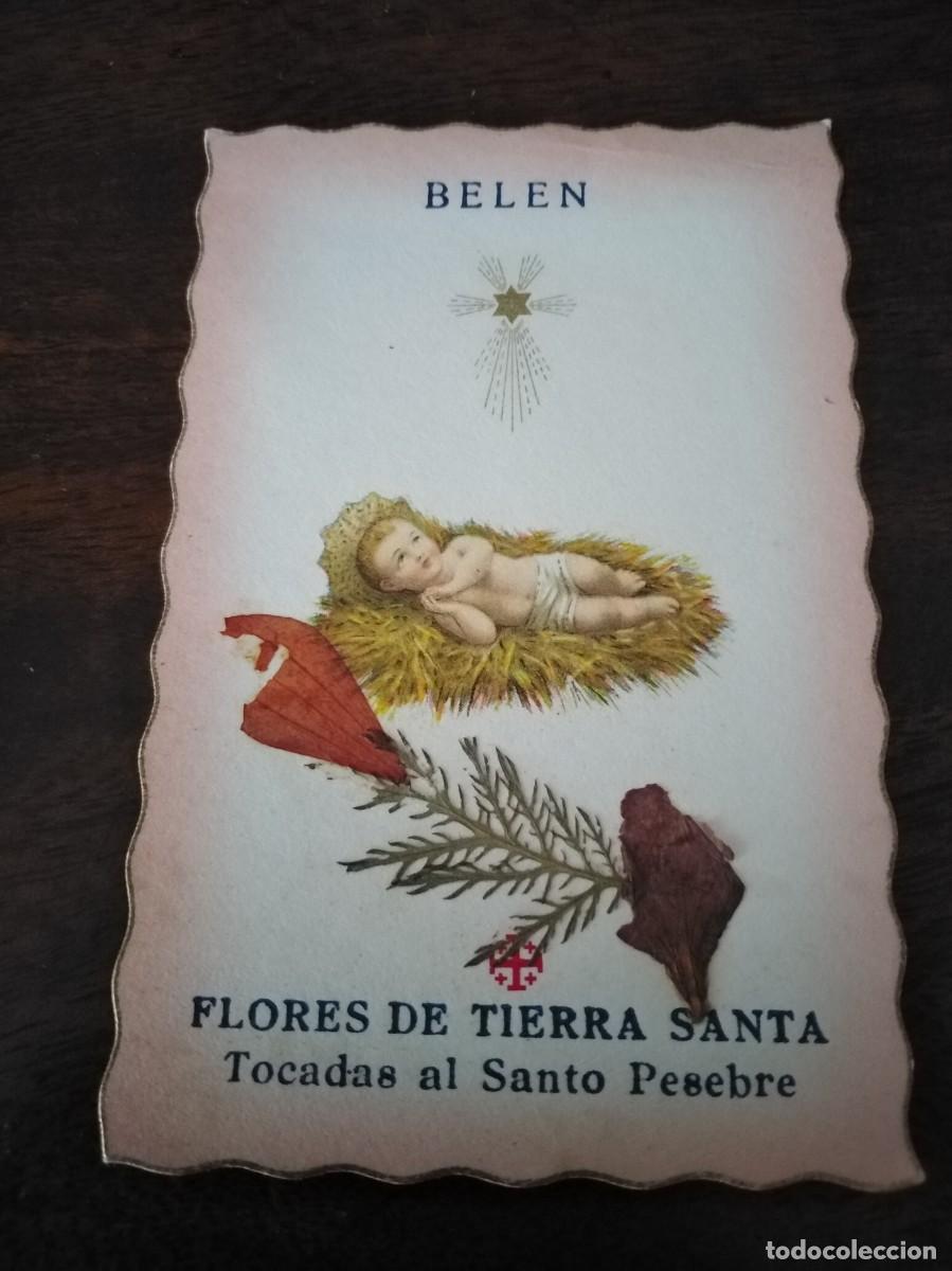 Cartoline: Recordatorio con flores de Bel&eacute;n Tierra Santa tocadas al Santo Pesebre.
