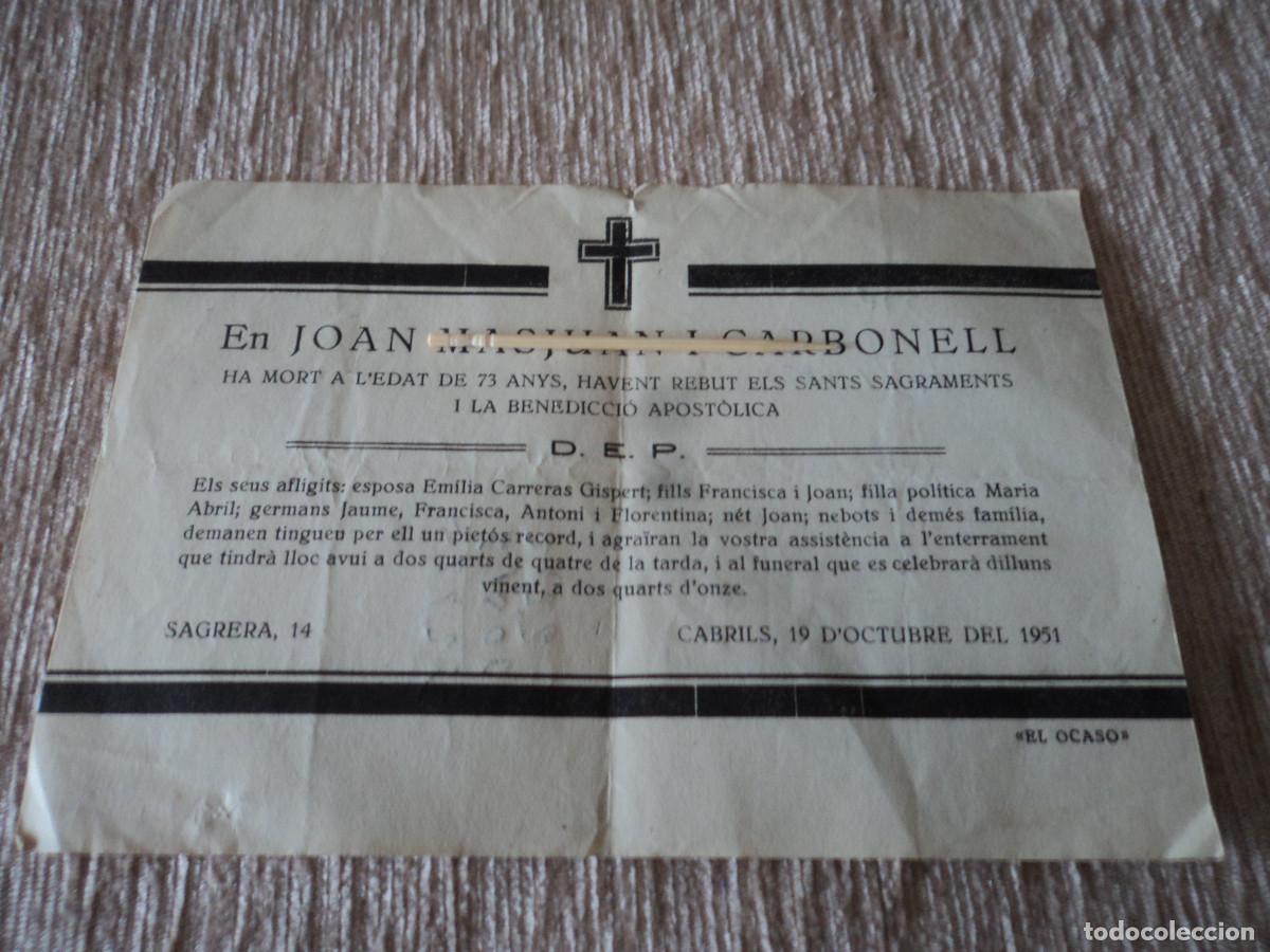 Cartes Postales: recordatori de defuncio en cabrils 1951 (el ocaso) parte posterior escrita