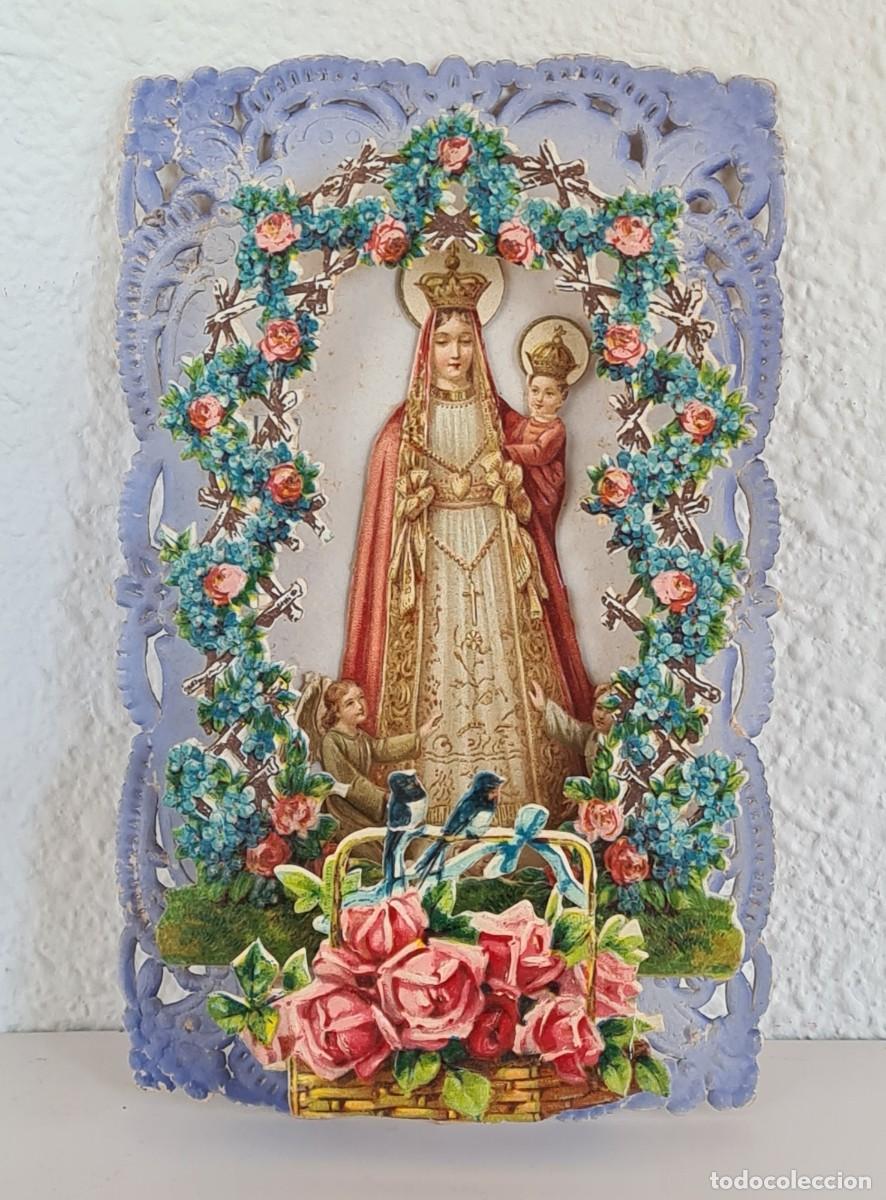 Postais: Postal Troquelada Relieve desplegable Virgen Ni&ntilde;o 1933 Rosas Flores Golondrinas Decoraci&oacute;n Religi&oacute;n