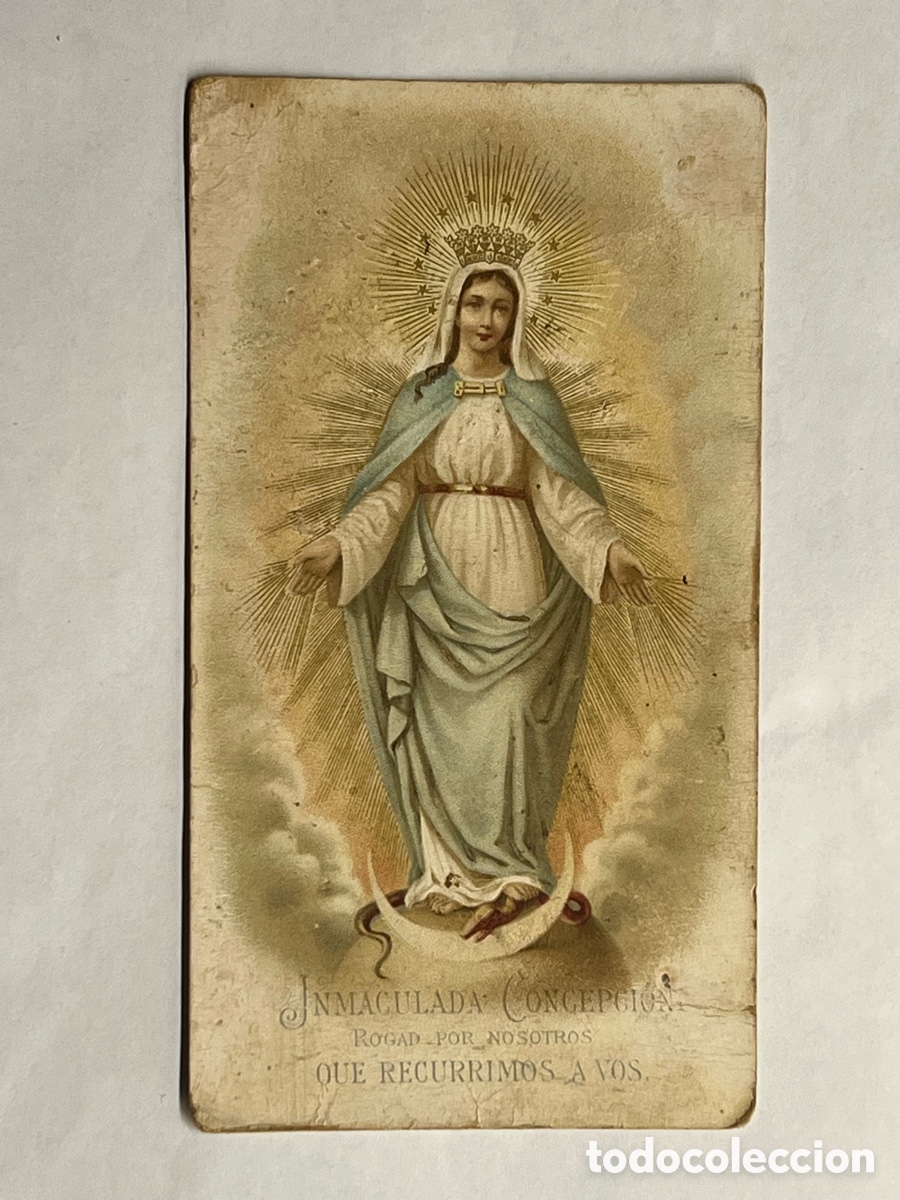 Postales: INMACULADA CONCEPCION. Estampa Religiosa. Reverso Oraci&oacute;n a San Bernardo (h.1910?)