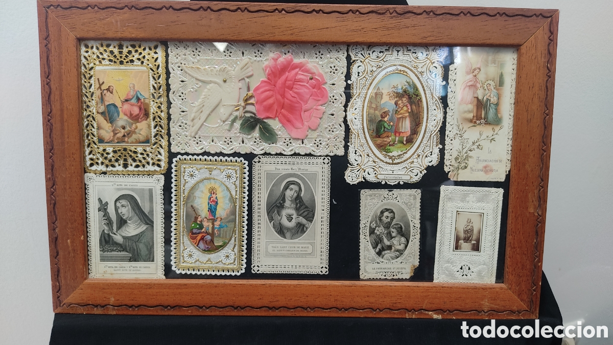 Cartoline: Cuadro de estampas religiosas con puntilla. Medidas 40x25 alguna con faltas ver fotos