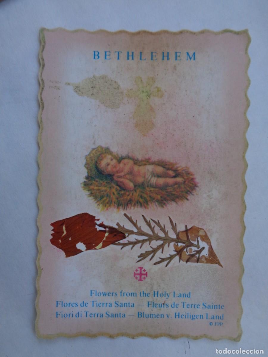Postales: ANTIGUA ESTAMPA DE BETHLENHEM ( BELEN ) , CON DIBUJO DEL NI&Ntilde;O JESUS Y RESTOS DE FLORES PEGADOS