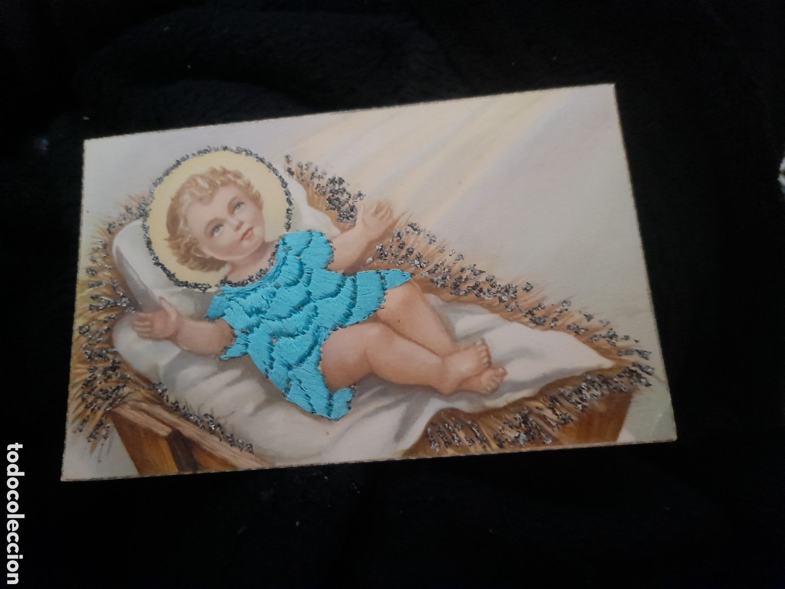 Postales: Antigua postal bordada, Ni&ntilde;o Jes&uacute;s en la cuna