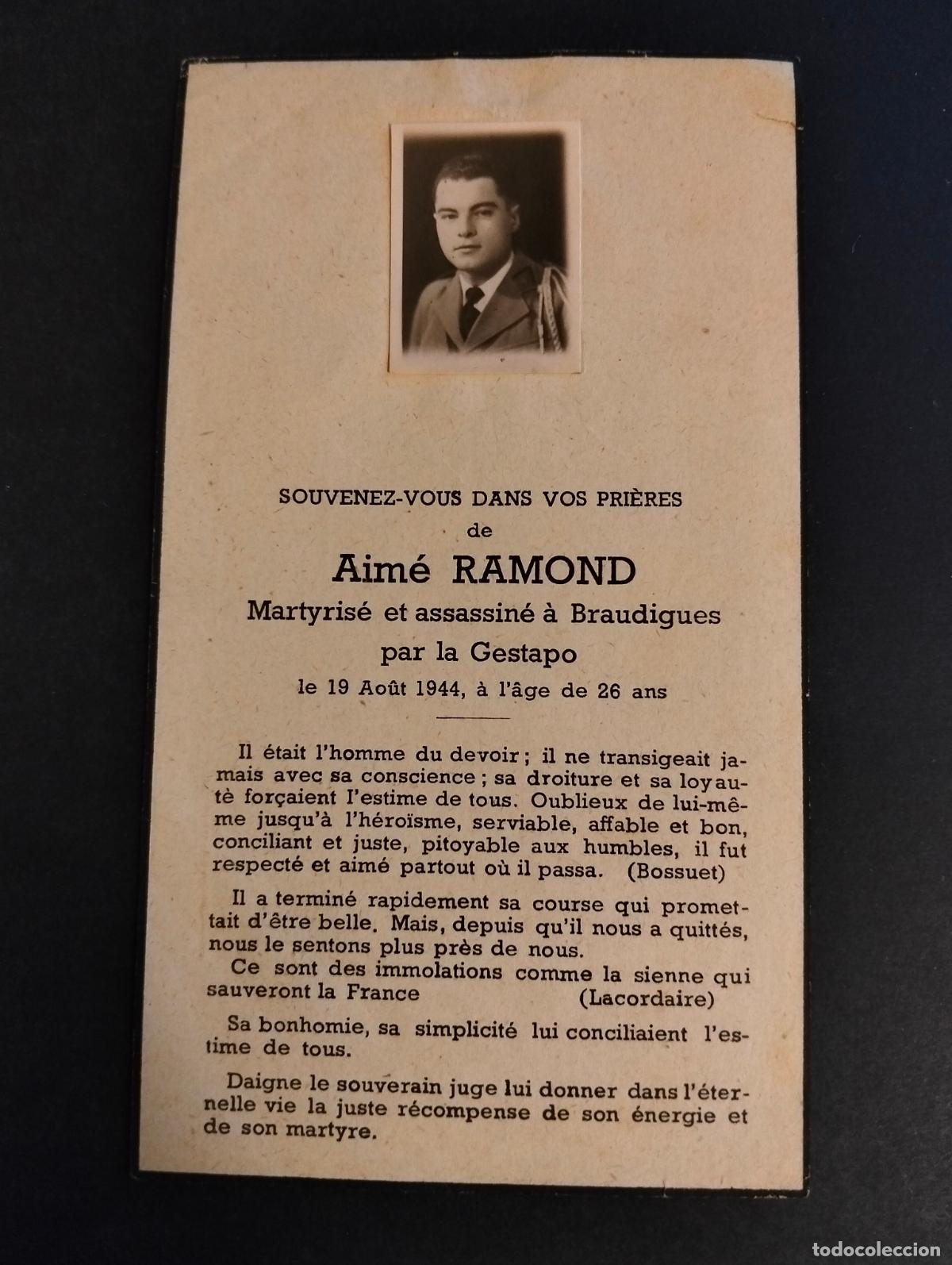Cartoline: RECORDATORIO DEFUNCION AIME RAMOND ASESINADO POR LA GESTAPO EN 1944