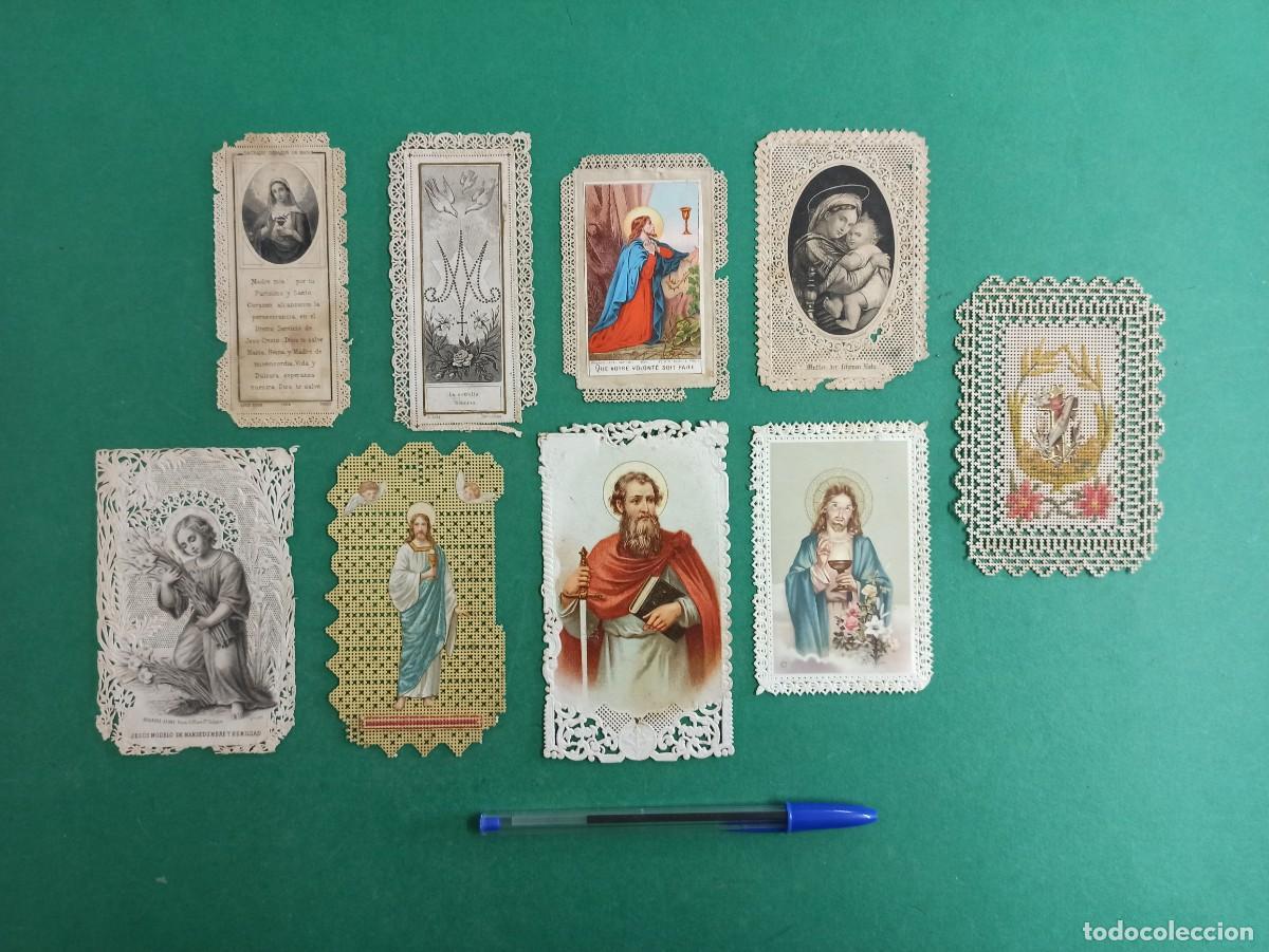 Postales: Lote de 9 estampas religiosas en papel troquelado, una bordada. Variadas.