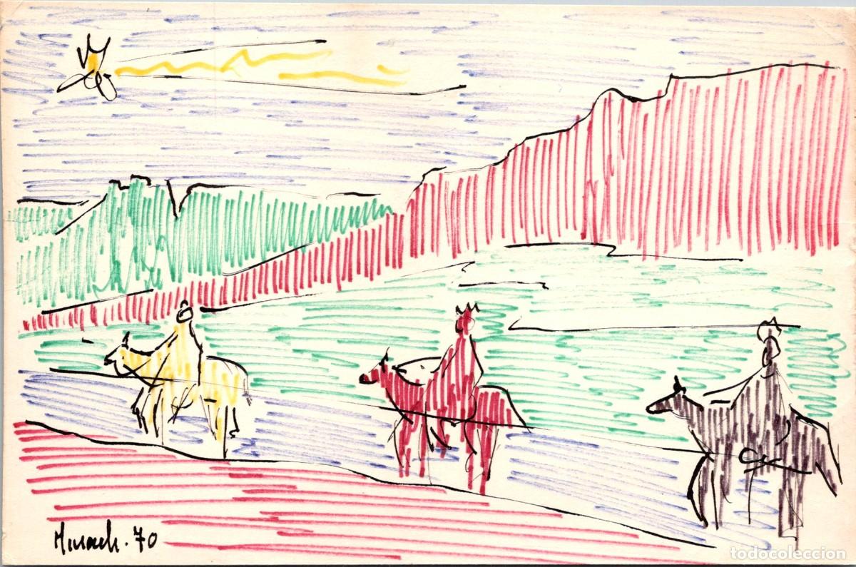 Postales: Los Tres Reyes Magos - Pintada a mano - 1970 - Firma ilegible - Reverso en blanco - 150x98mm - &Uacute;nica