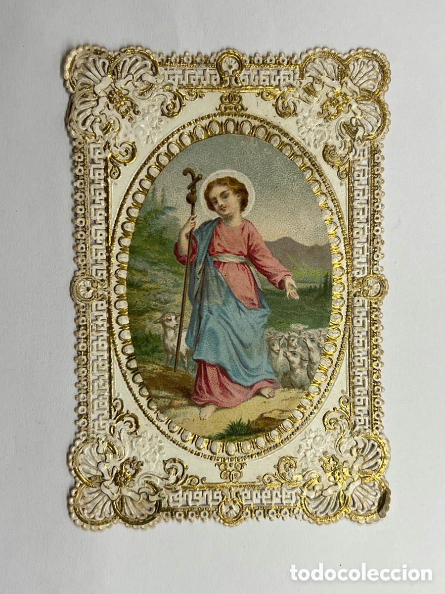 Postales: JES&Uacute;S NI&Ntilde;O el Buen Pastor de los creyentes.. Estampa Religiosa calada reflejos dorados (h.1870?)