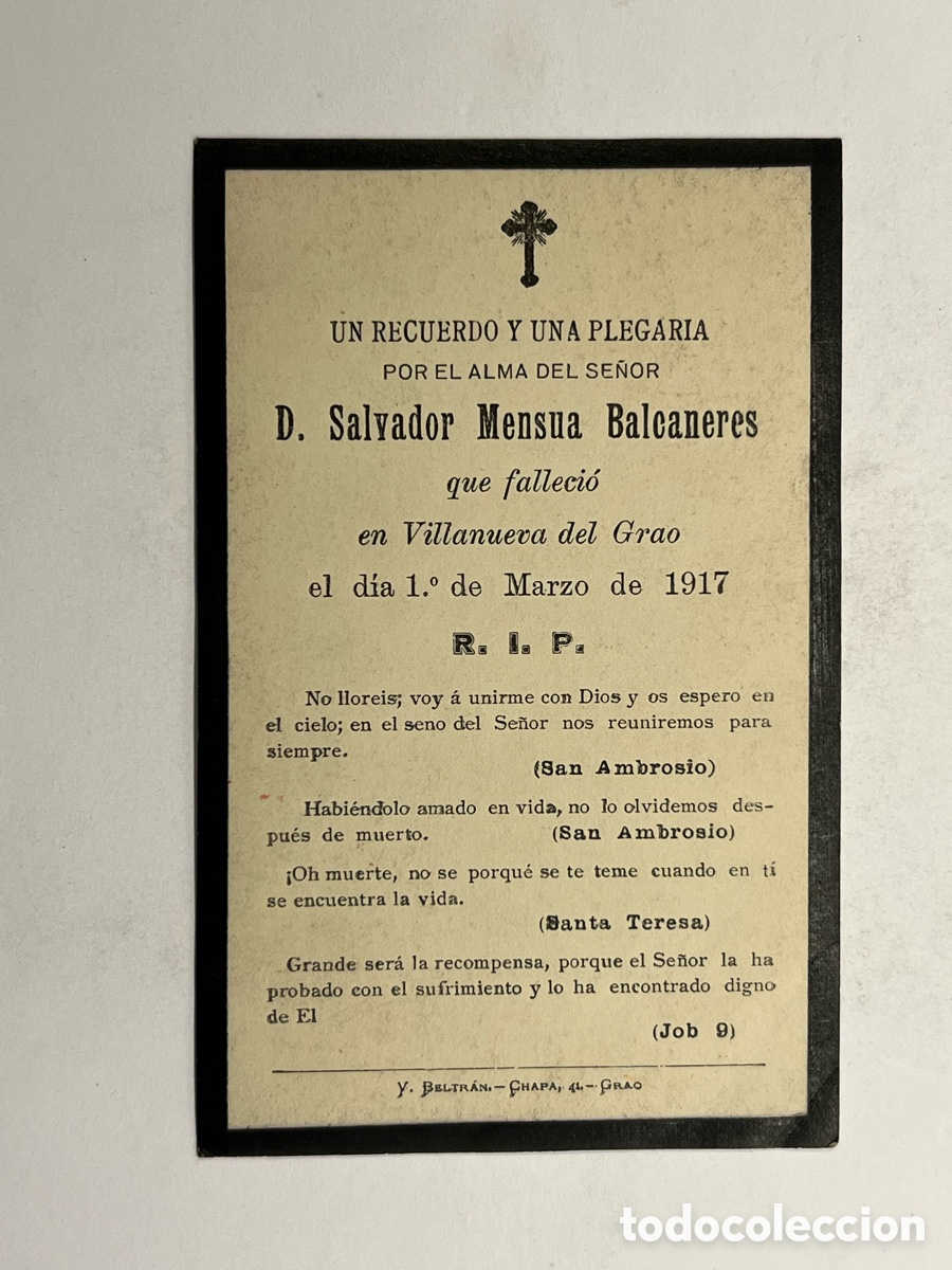 Postales: VILLANUEVA DEL GRAO.. Esquela D. Salvador Mensua Balcaneres (a.1917) Cristo de Vel&aacute;zquez