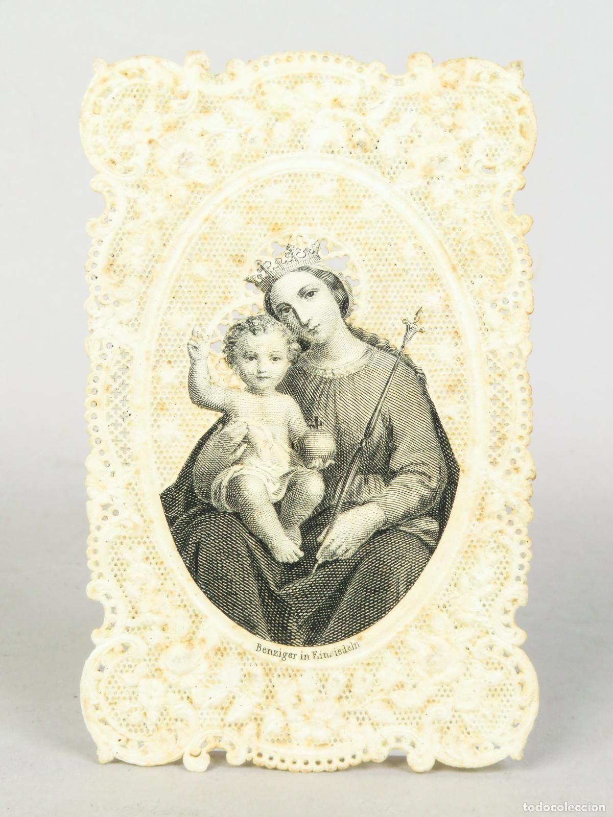 Postales: Estampa calada puntilla Virgen con el Ni&ntilde;o alemana Benzinger dedicada trasera 1891 XIX