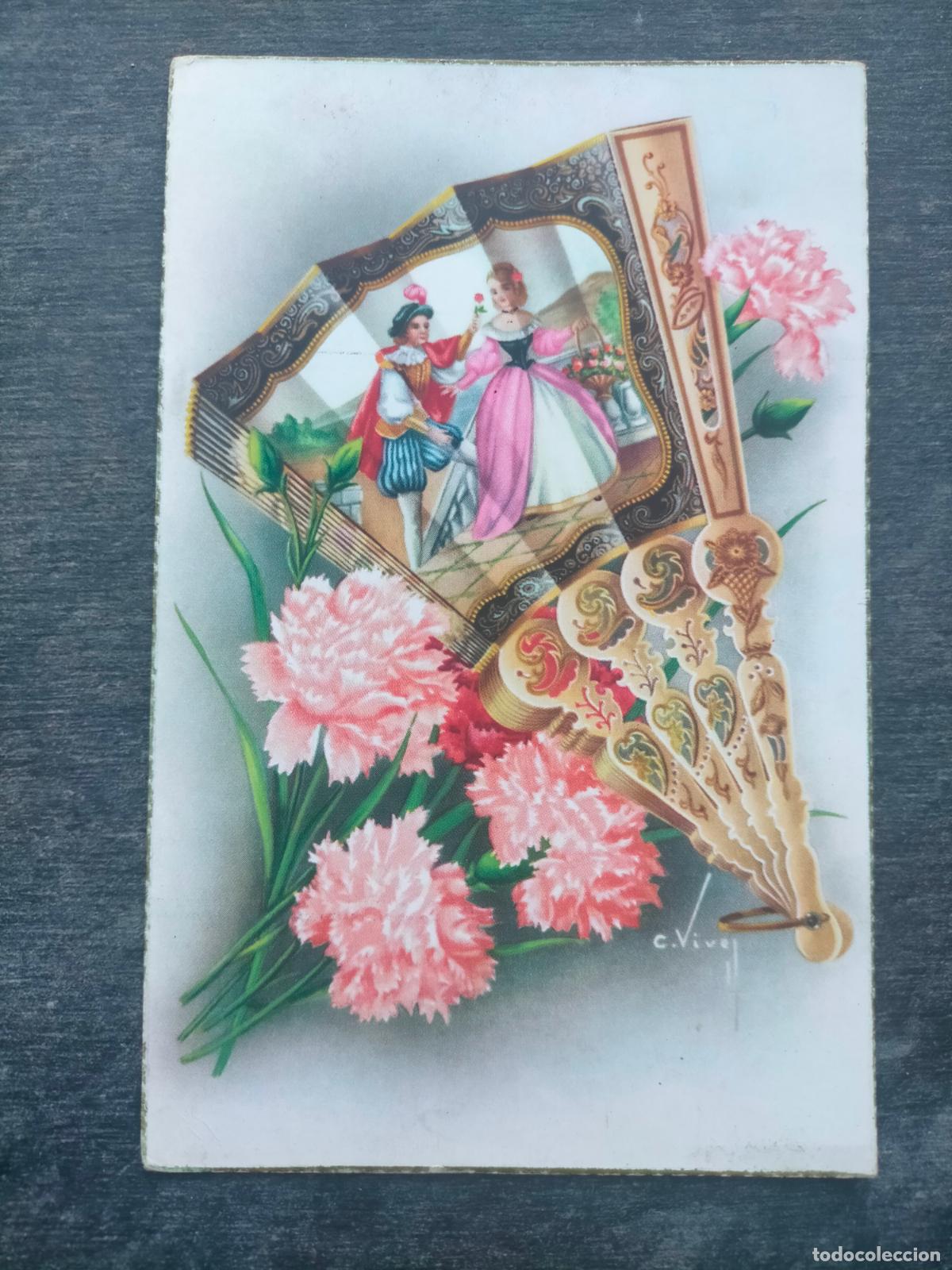 Postales: Tarjeta postal dibujo c vives abanico dorado flores pareja gal&aacute;n mujer cyz