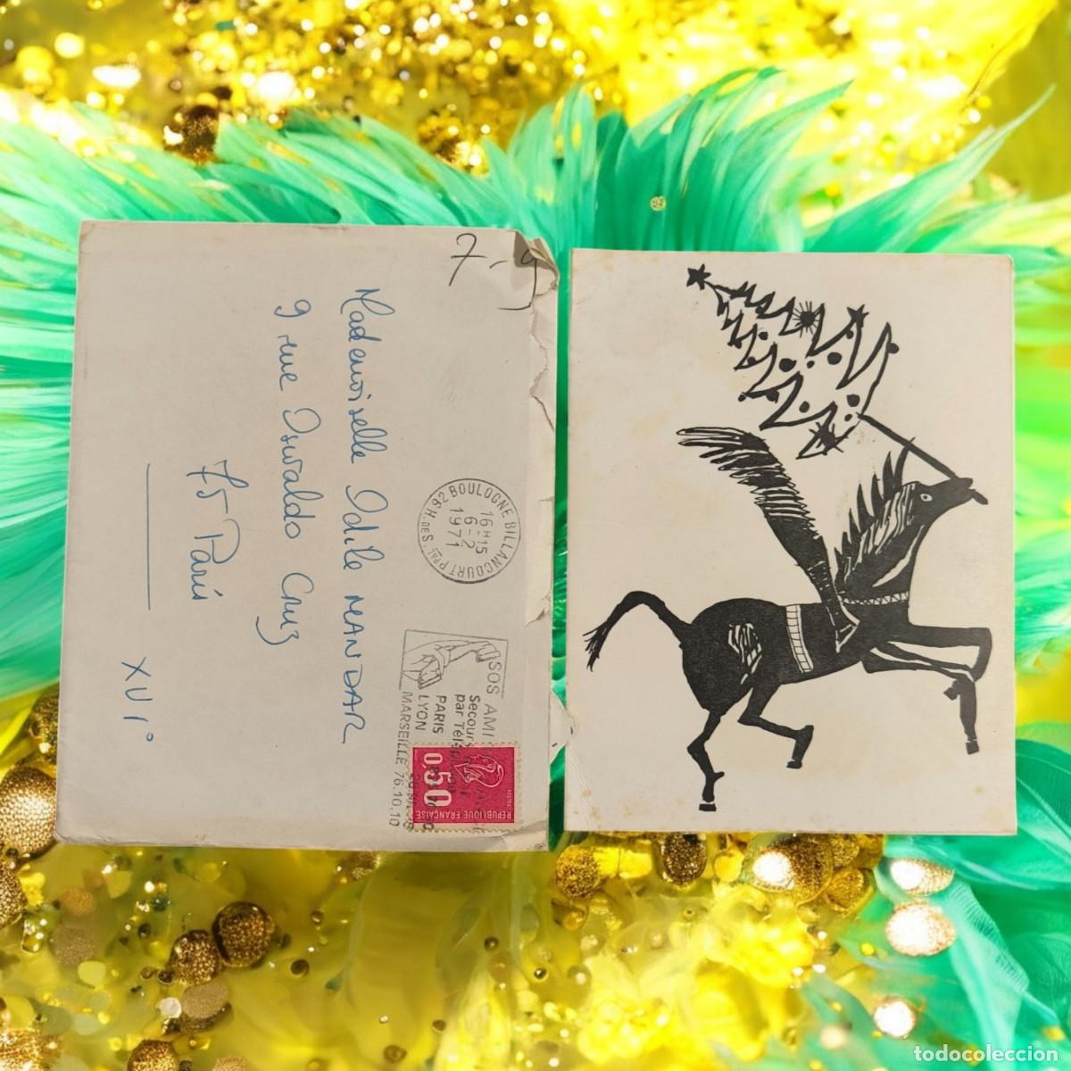 Postales: Tarjeta De Navidad Manuscrita Con Sobre &ndash; Francia 1971 &ndash; Ilustraci&oacute;n Caballo Alado Con &Aacute;rbol