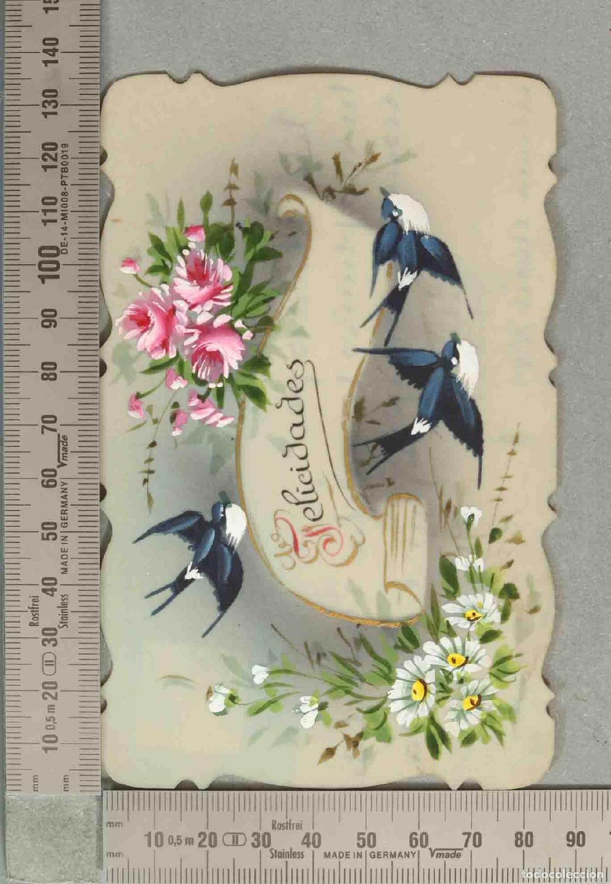 Postales: POSTAL. Felicidades - Golondrinas, Rosas y Flores. PINTADO A MANO SIG&Uuml;ENZA 1919