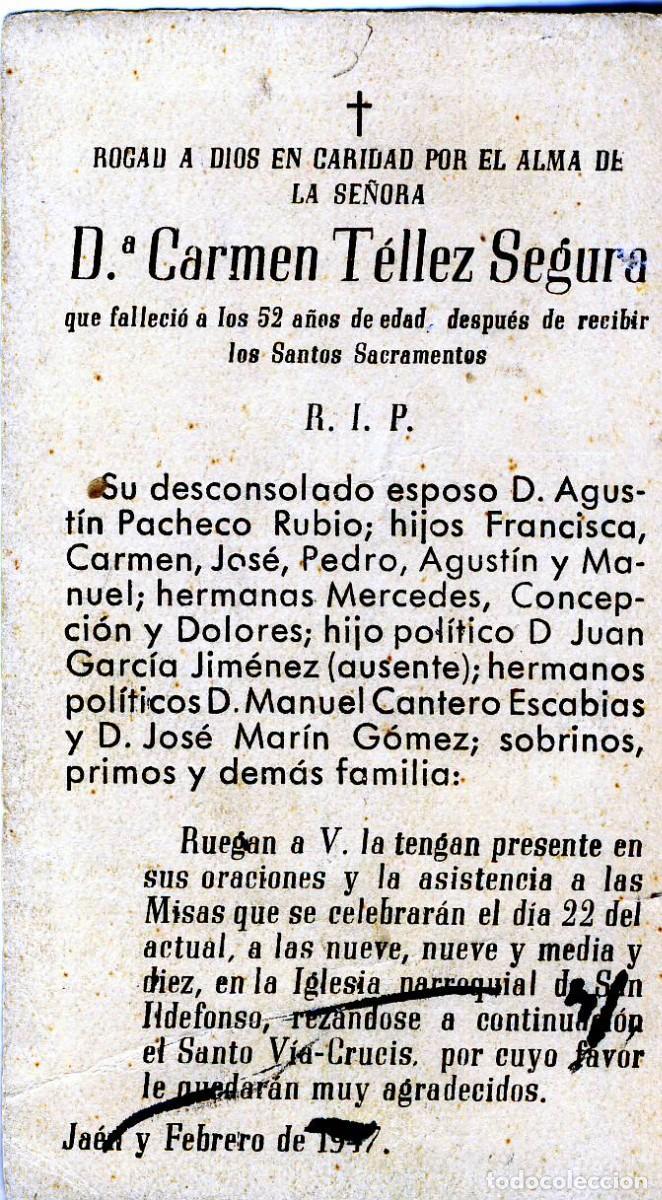 Postales: RECORDATORIO DE LA MUERTE DE DO&Ntilde;A CARMEN TELLEZ SEGURA.- JAEN, 1957.-