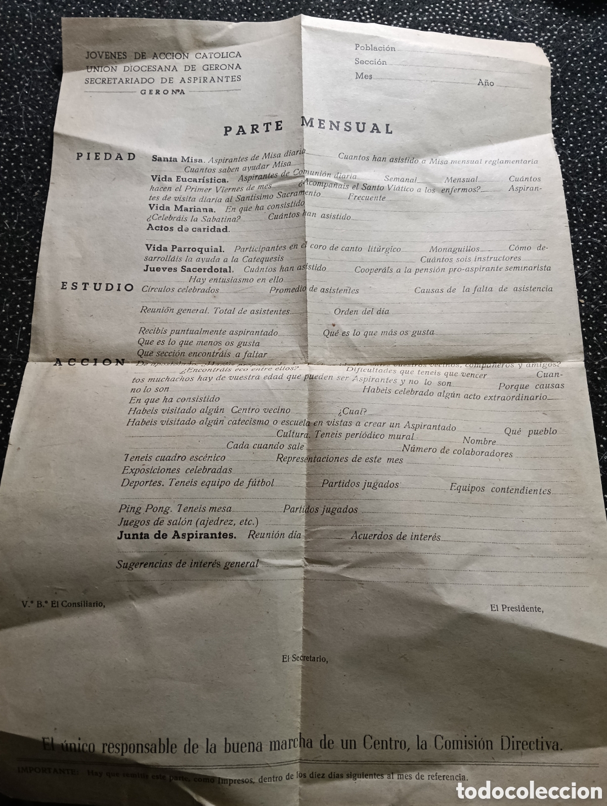 Postales: 1920-40 Parte Mensual de J&oacute;venes de la Acci&oacute;n Cat&oacute;lica de la Uni&oacute;n Diocesana de Gerona