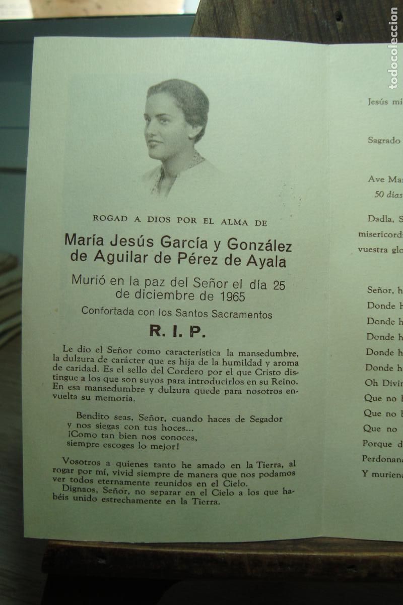Postales: RECUERDO FUNERAL D&ordf; MARIA JESUS GARCIA Y GONZALEZ AGUILAR PEREZ AYALA. MADRID? 1965.