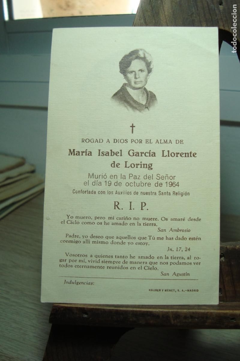Postales: RECUERDO FUNERAL D&ordf; MARIA ISABEL GARCIA LLORENTE DE LORING. MADRID? 1964.