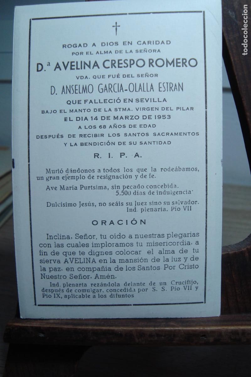 Postales: RECUERDO FUNERAL D&ordf; AVELINA CRESPO ROMERO. SEVILLA 1953