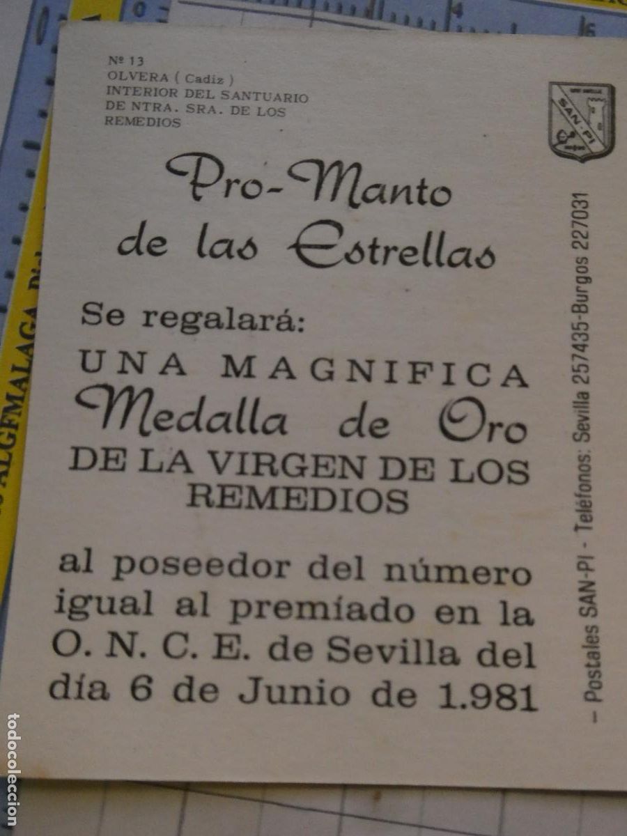 Postales: POSTAL RELIGIOSA SEMANA SANTA. A&Ntilde;O 1979 OLVERA C&Aacute;DIZ NUESTRA SE&Ntilde;ORA REMEDIOS MANTO ESTRELLAS. 2228