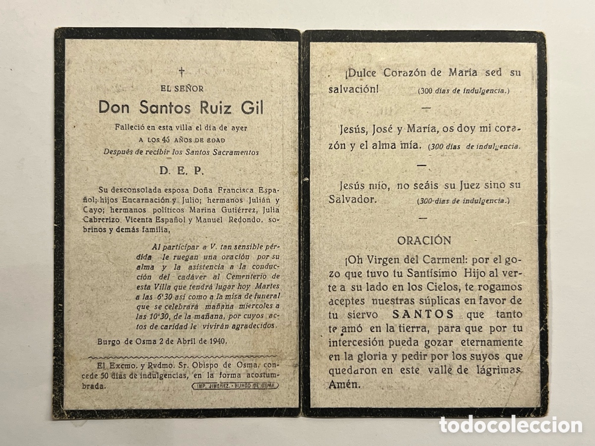 Postales: BURGO DE OSMA. Esquela recordatorio Don Santos Ruiz&hellip; , Abril de 1940. Diptico