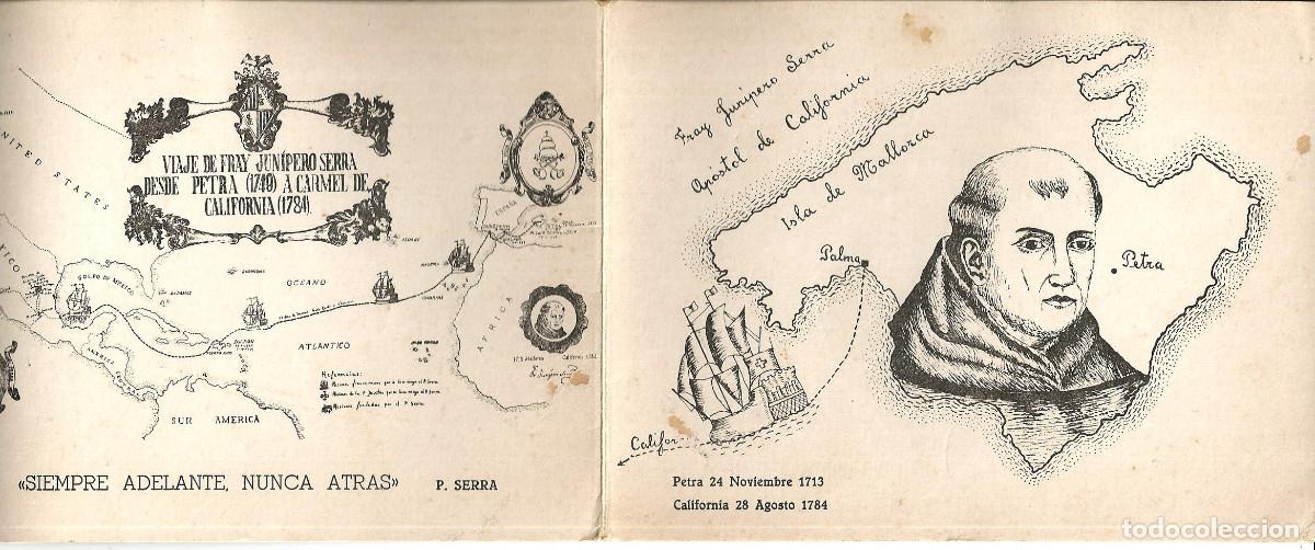 Postales: POSTAL VIAJE DE FRAY JUN&Iacute;PERO SERRA DESDE PETRA (MALLORCA) A CARMEL DE CALIFORNIA - DIPTICA