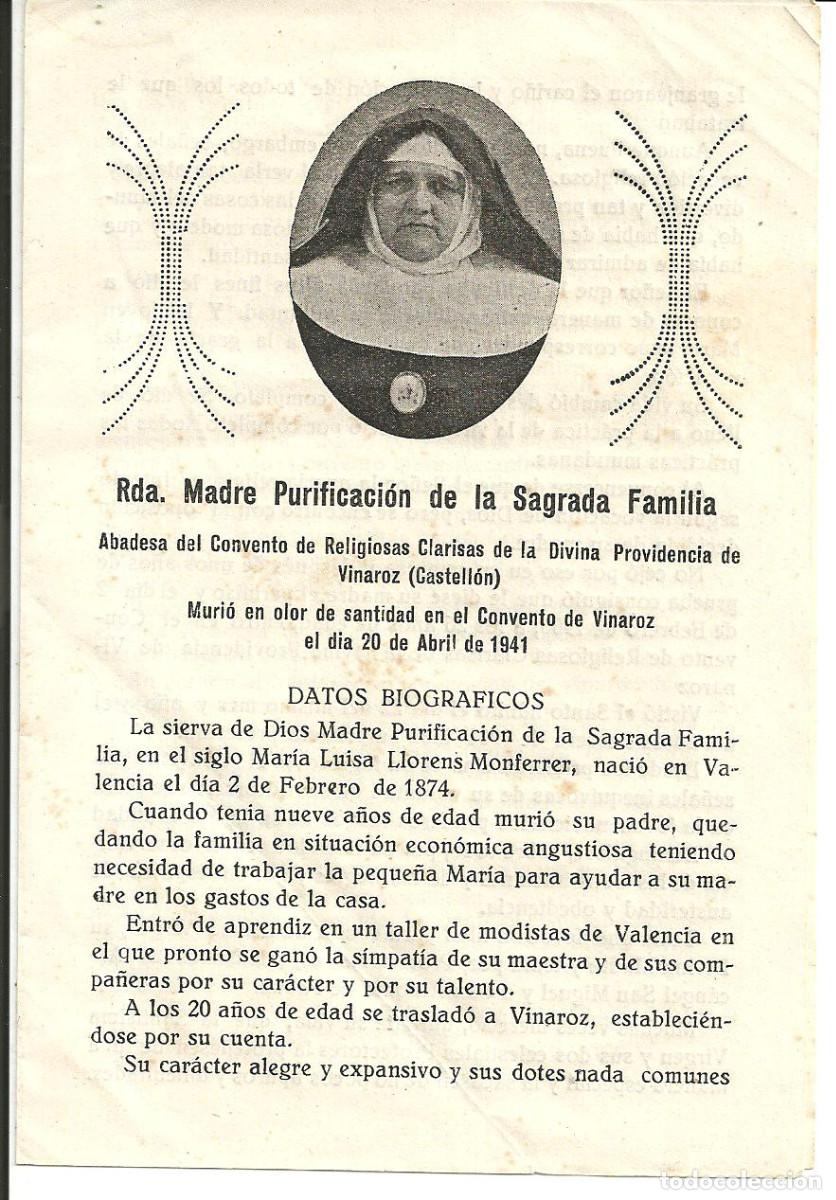 Postales: ESTAMPA RDA. MADRE PURIFICACI&Oacute;N DE LA SAGRADA FAMILIA, ABADESA CONVENTO CLARISAS DE VINAROZ (CASTELL