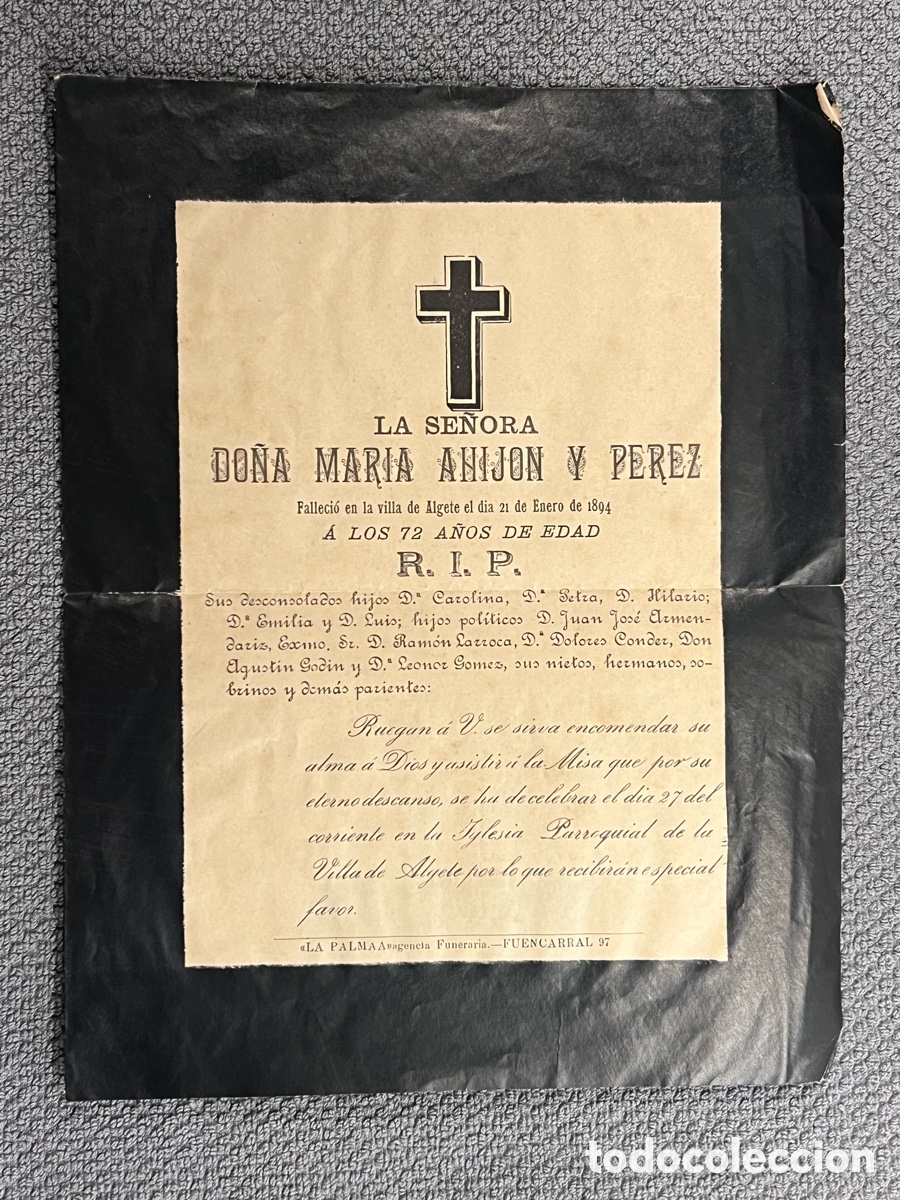 Postales: ALGETE (Madrid) Esquela Carta.. Do&ntilde;a Maria Ahijon y Perez. Iglesia Parroquial (a.1894)