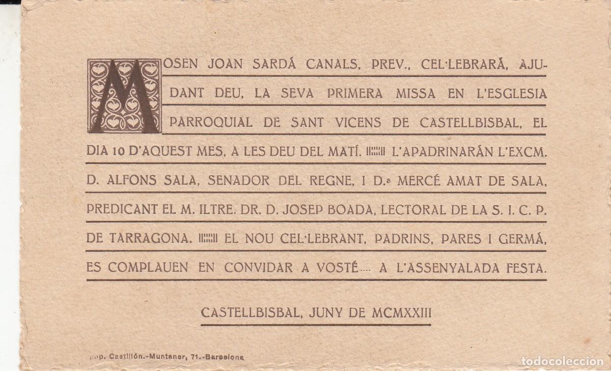 Postales: 1923 CASTELLBISBAL - RECUERDO DE LA PRIMERA MISA DEL MOS&Eacute;N JOAN SARD&Aacute;