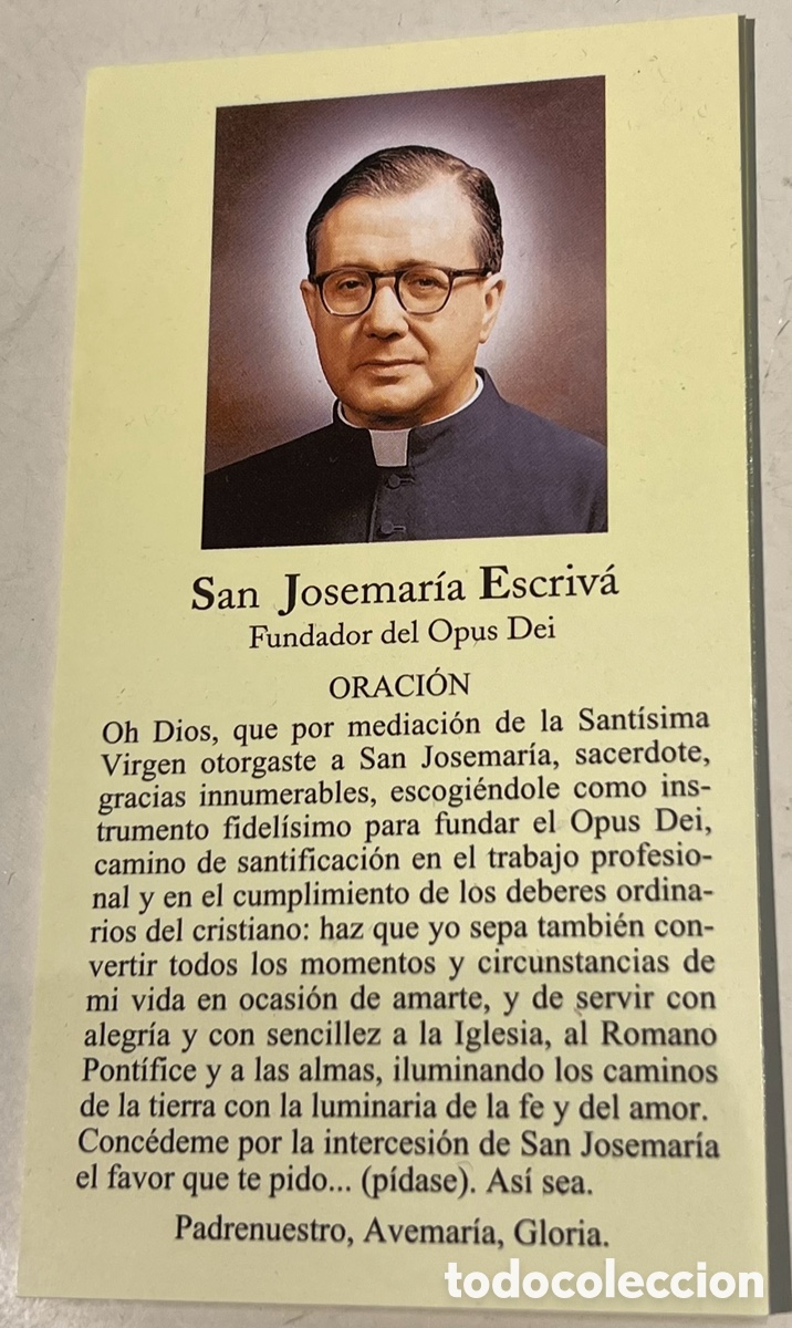 Postales: Estampa Religiosa. SAN Josemaria Escriva. Fundador del Opus Dei. Con Oraci&oacute;n.