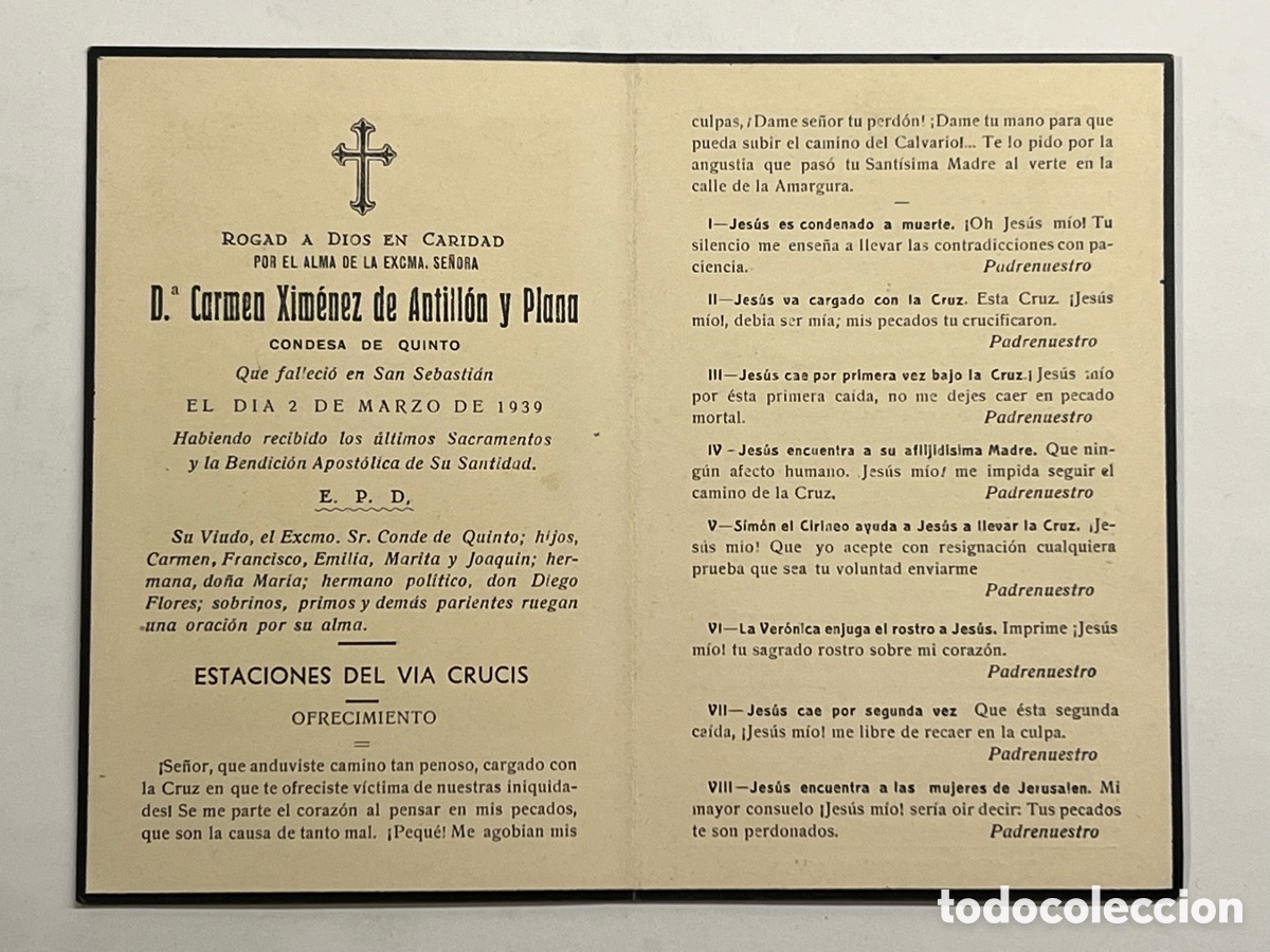 Postales: Carmen Xim&eacute;nez de Antill&oacute;n y Plano CONDESA DE QUINTO. Esquela recordatorio. San Sebasti&aacute;n (a.1939)