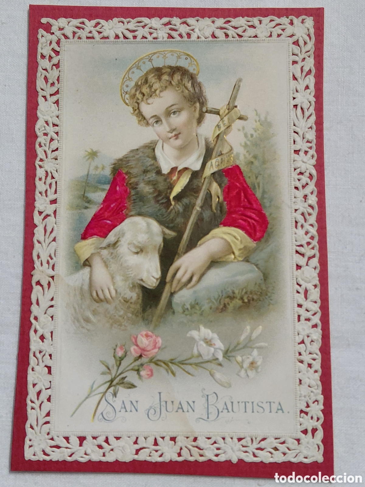 Postales: ANTIGUA ESTAMPA RELIGIOSA CON PUNTILLA DE SAN JUAN BAUTISTA.PEGADA EN UN CARTON