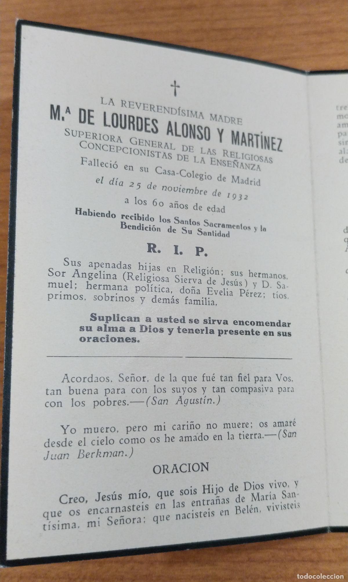 Postales: RECORDATORIO DIFUNTOS. RELIGI&Oacute;N. MADRE SUPERIORA RELIGIOSAS CONCEPCIONISTA DE LA ENSE&Ntilde;ANZA. 1932