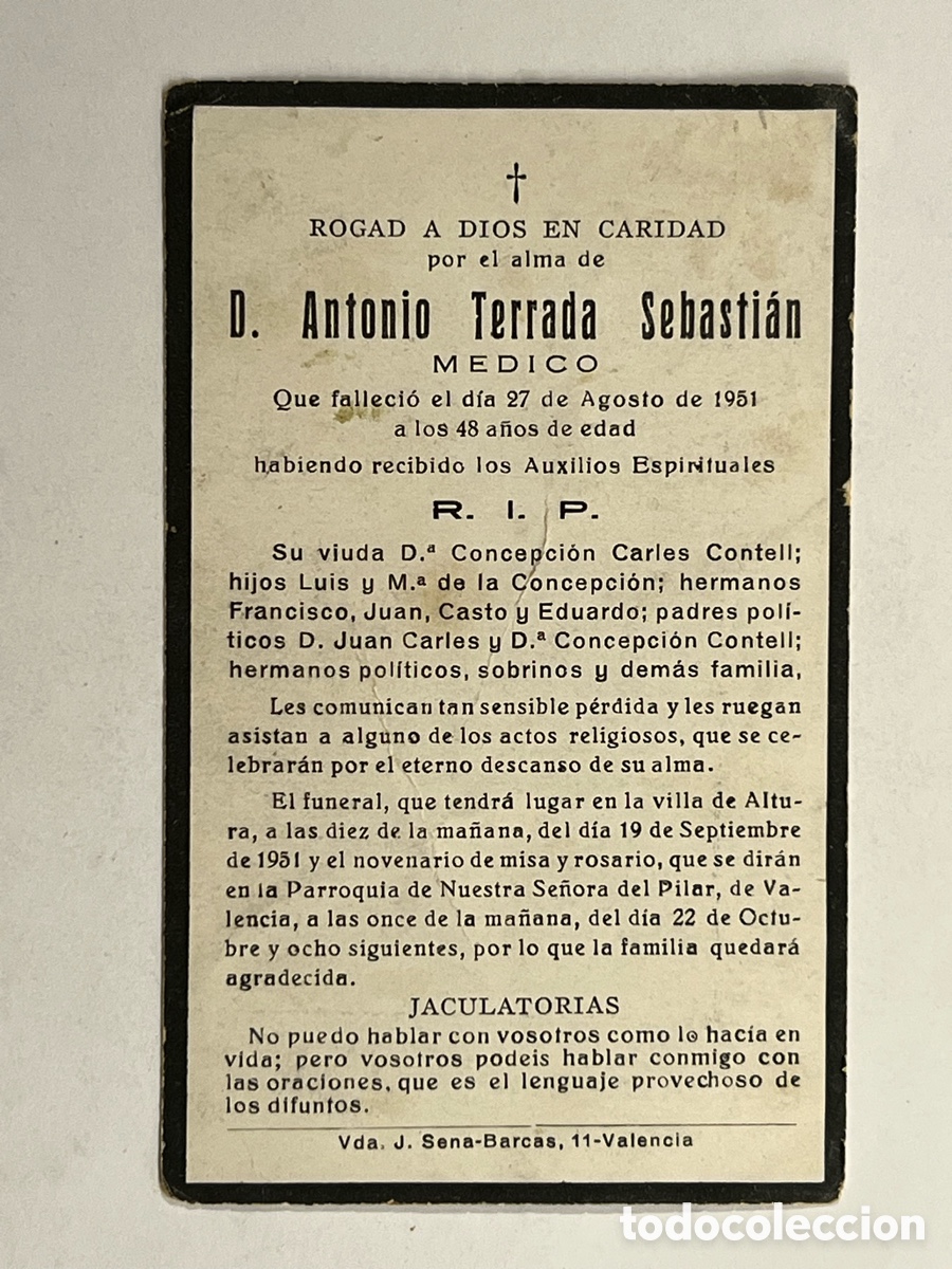 Postales: VALENCIA.. ROGAD A DIOS por el alma de D. Antonio Terrada Sebasti&aacute;n. MEDICO (a.1951)
