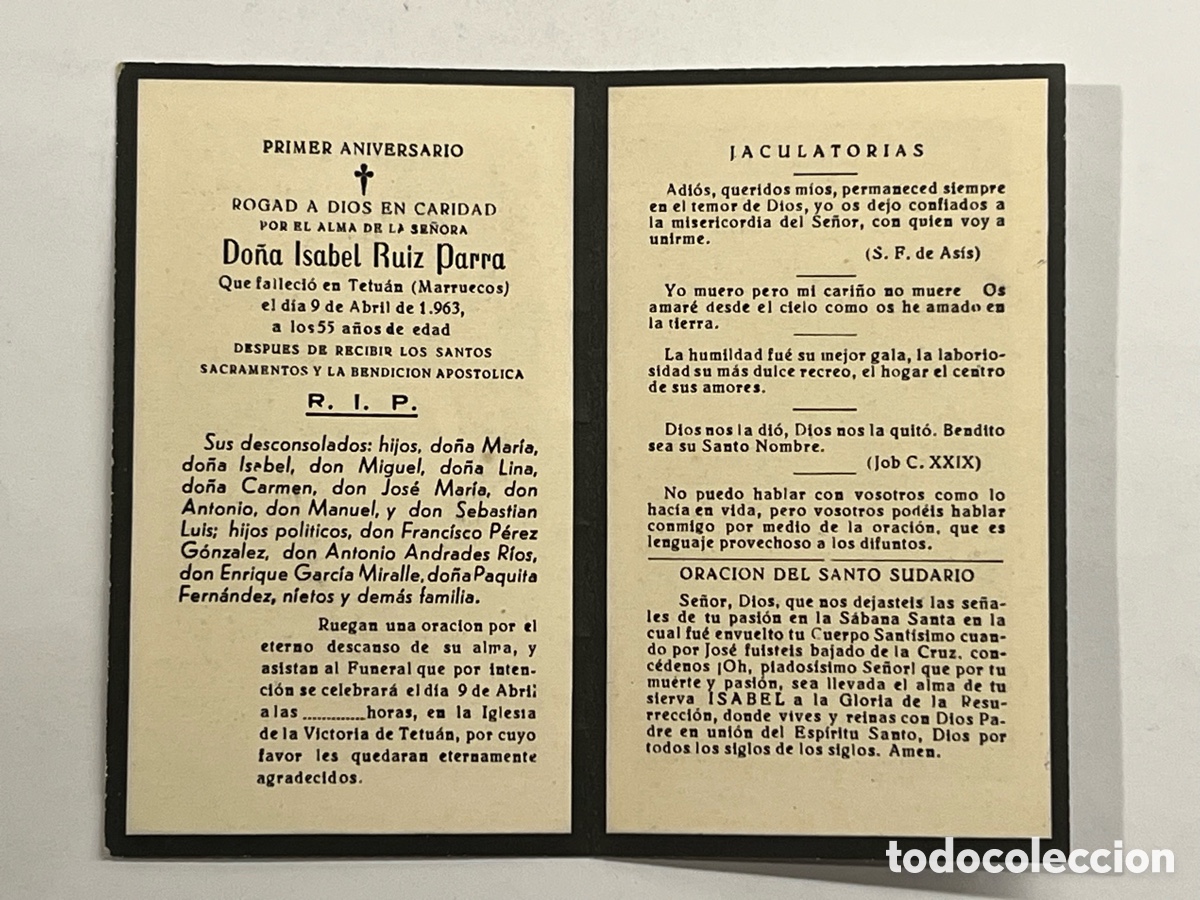 Postales: TETU&Aacute;N (Marruecos) Esquela recordatorio Do&ntilde;a Isabel Ruiz Parra (a.1963) Diptico