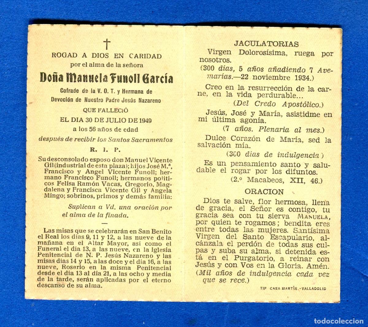 Postcards: RECORDATORIO RELIGIOSO DEFUNCION COFRADIA JESUS NAZARENO Y V.O.T VALLADOLID 1949