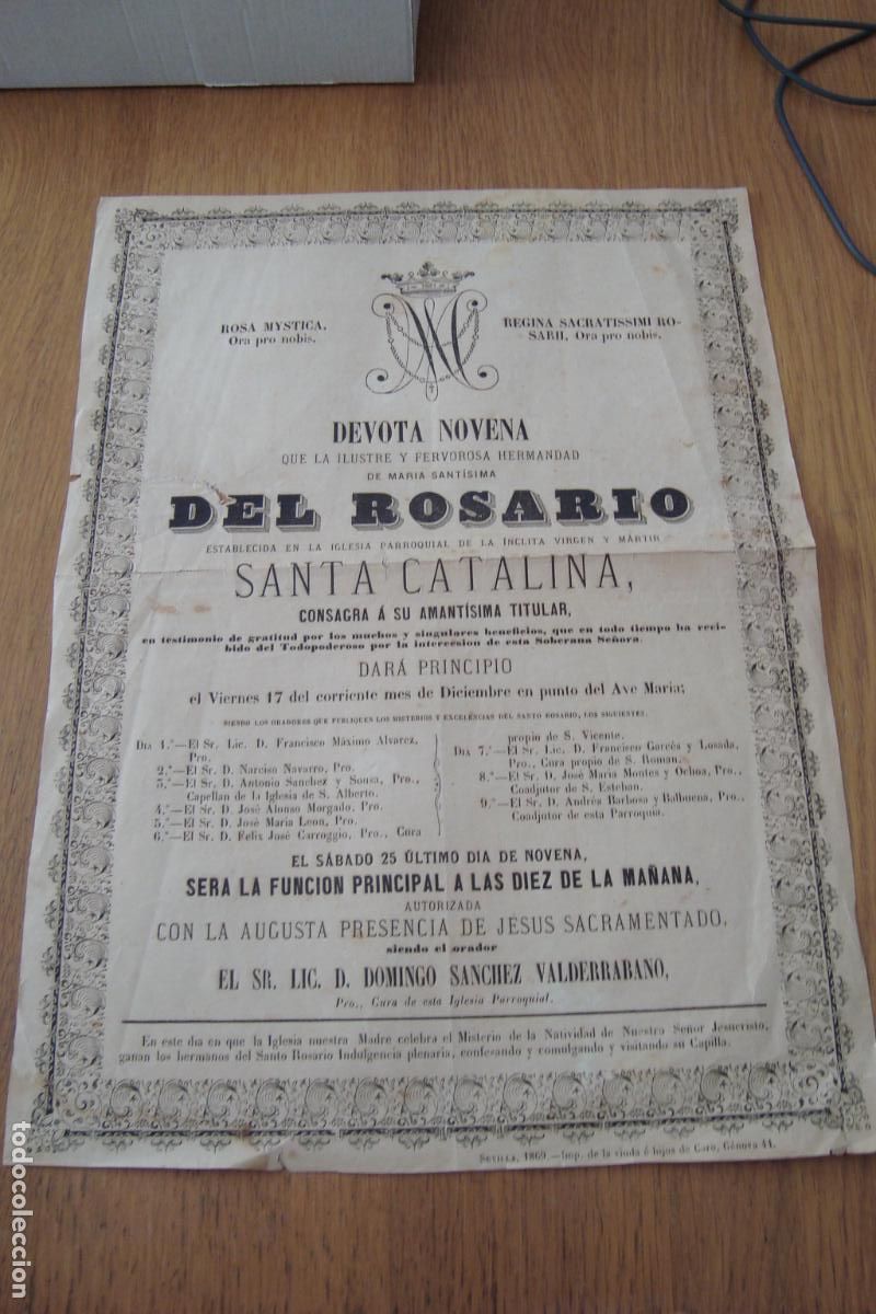 Postales: CARTEL NOVENA HERMANDAD MARIA SANTISIMA DEL ROSARIO. PARROQUIA SANTA CATALINA. SEVILLA 1869.