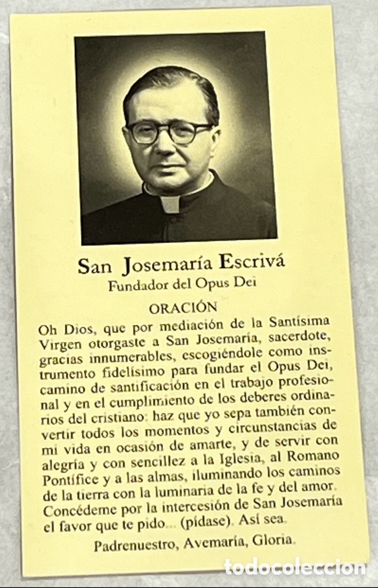 Postales: Estampa Religiosa. SAN Josemaria Escriva. Fundador del Opis Dei. Con Oraci&oacute;n.