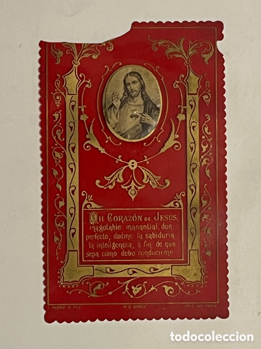 Postcards: SAGRADO CORAZ&Oacute;N DE JES&Uacute;S. Estampa en Celuloide francesa.. Par&iacute;s (fin Siglo XIX) da&ntilde;ada